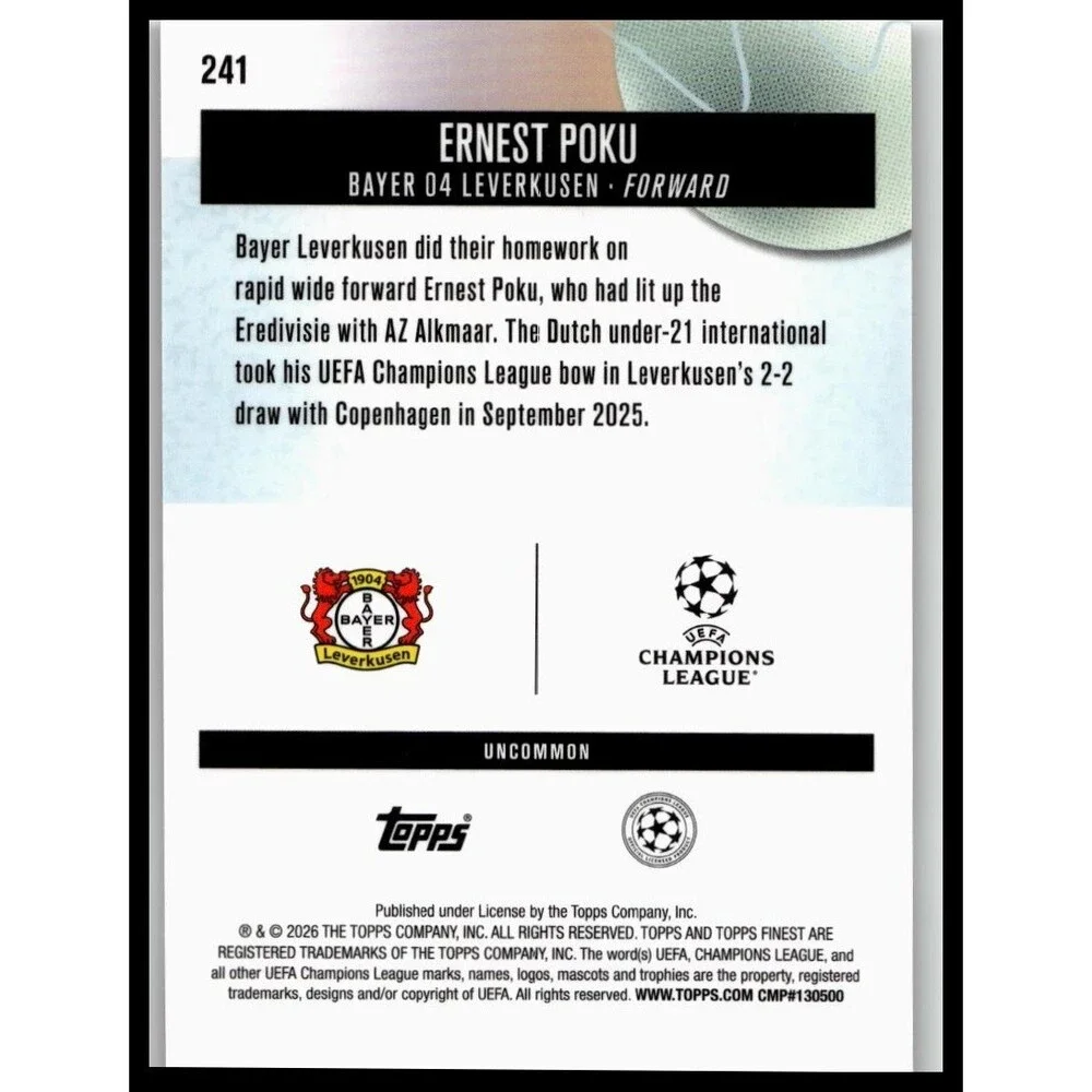 2025-26 Finest UEFA Ernest Poku #241 Bayer 04 Leverkusen Uncommon Rookie